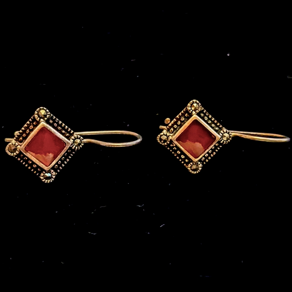 Rare Antique FAS 925 Square Garnet Earrings — Kidney Wire — Sterling Silver